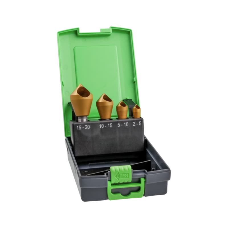 Countersink deburring tool with cross hole, 90°, HSS-Co, TiN, 4 pieces