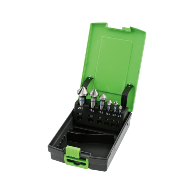 Conical countersink set, HSS, with three blades, 90°, 6 pieces