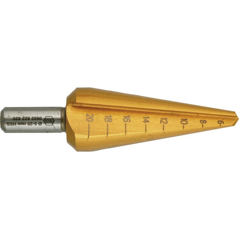 Sheet metal conical drill bit, HSS TiN, size 1, 3–14 mm