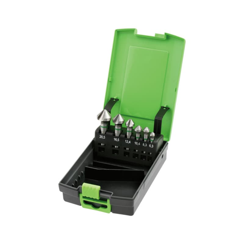 Conical countersink set, HSS-Co, with three blades, 90°, 6 pieces