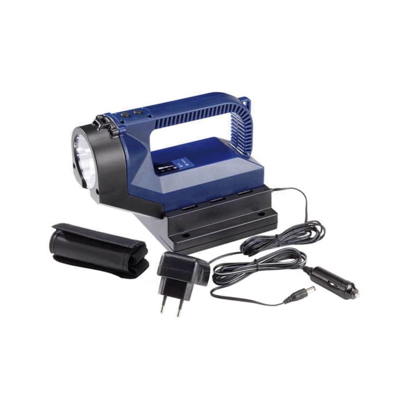 LED hand-held spotlight with li-ion battery, including charging/wall bracket