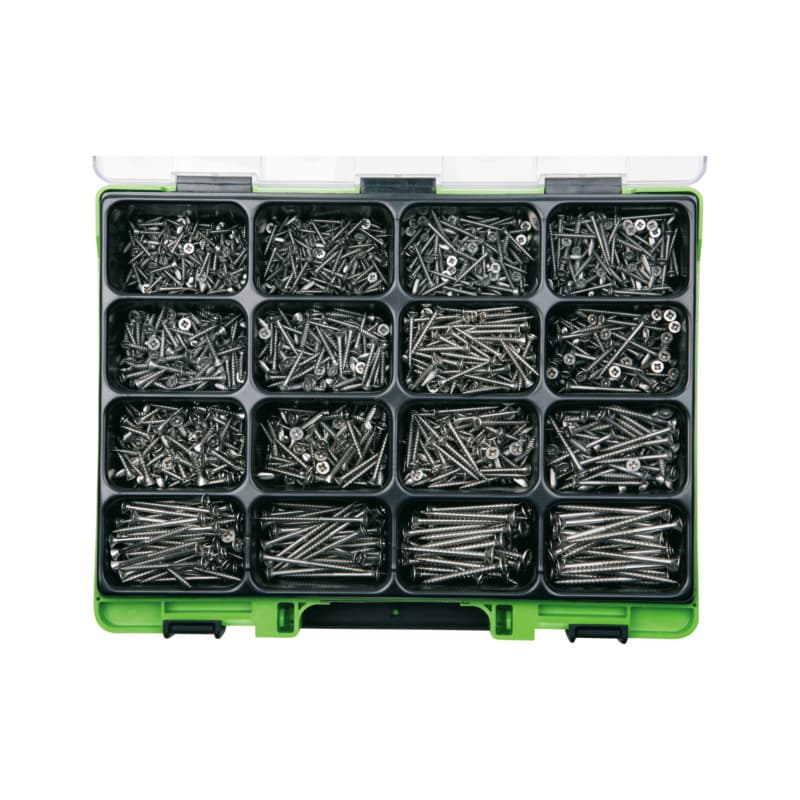 VISO particle board screw assortment, countersunk head, A2 st. steel, Pozidrive