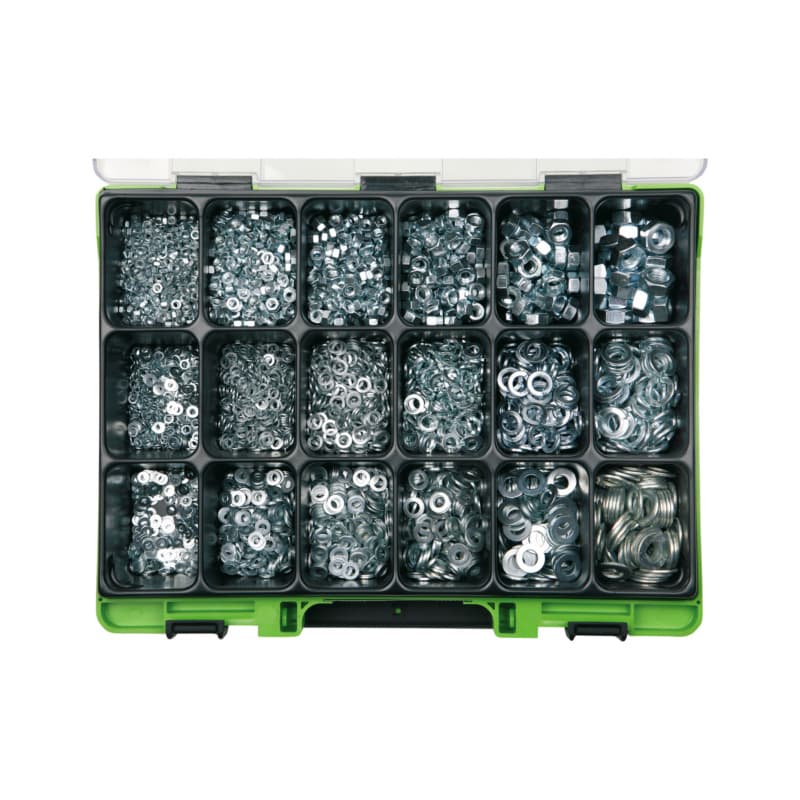 VISO nut, washer, lock washer assortment DIN 934/125/127 galvanised steel