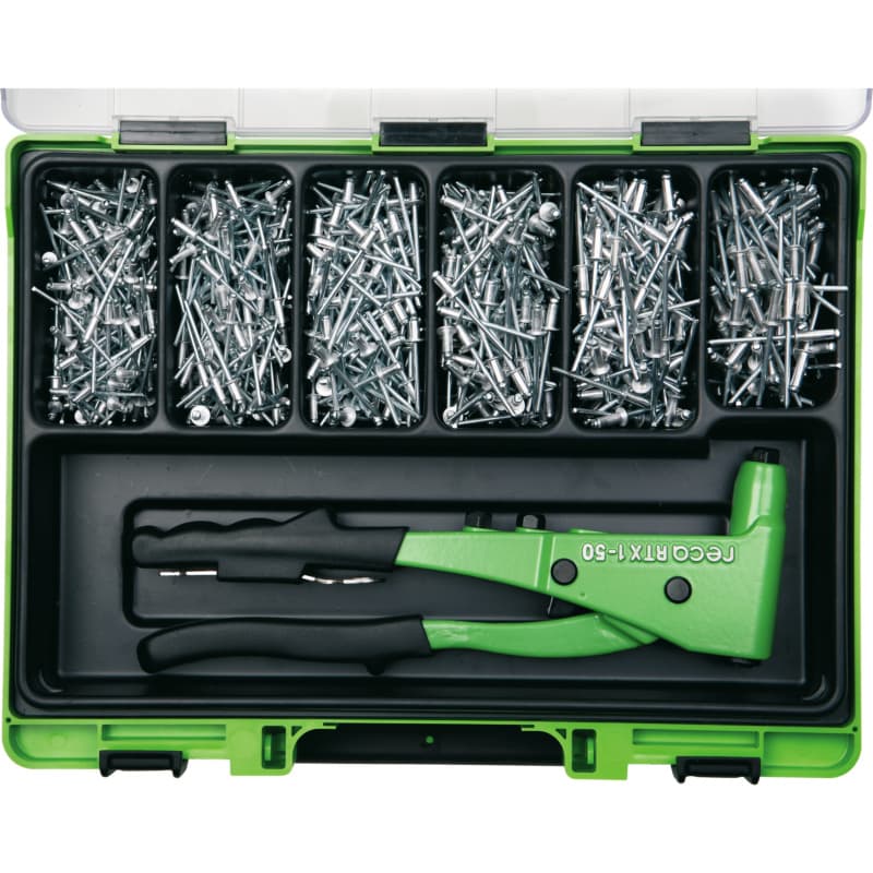 VISO blind rivet set with pliers, sleeve: Alu: Pin: glv. stl, rnd pan hd