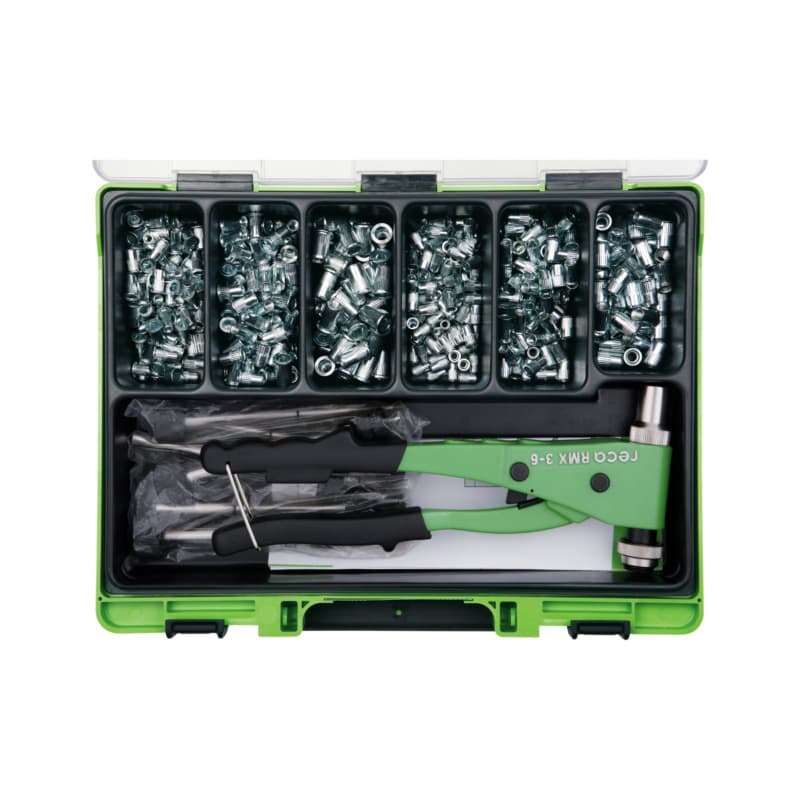 VISO blind rivet nut assortment with pliers, round pan head/countersunk head
