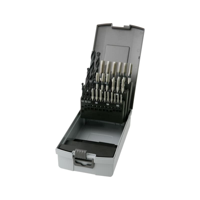 Hand tap + core drill set, DIN 352, HSS, M3–M12