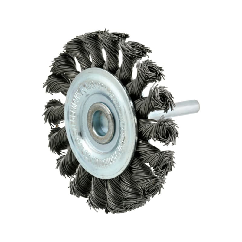 Cylinder wire brush, plaited, steel wire, 0.5 mm, with spindle, 75 x 12 mm