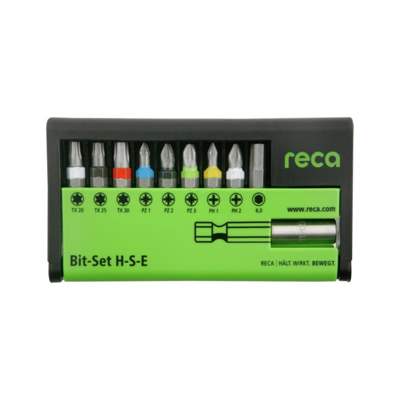 RECA bit set H-P-E 10 pcs., with bit holder 1/4", E 6.3 TX / PZ / PH / HEX