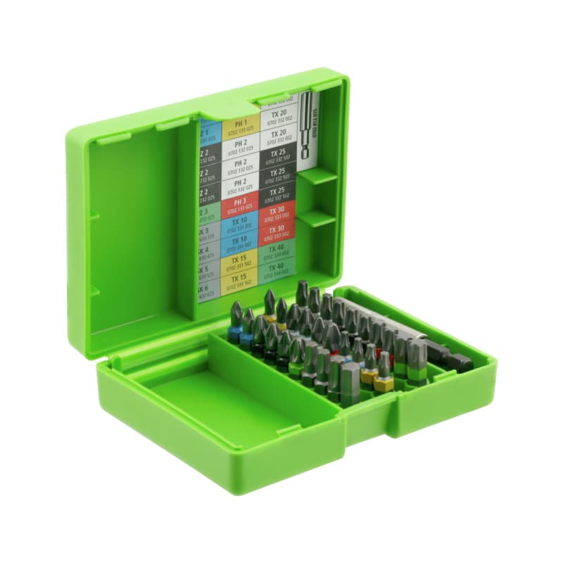 RECA bit set universal 31 pcs., with bit holder 1/4", E 6.3 TX / PZ / PH / HEX