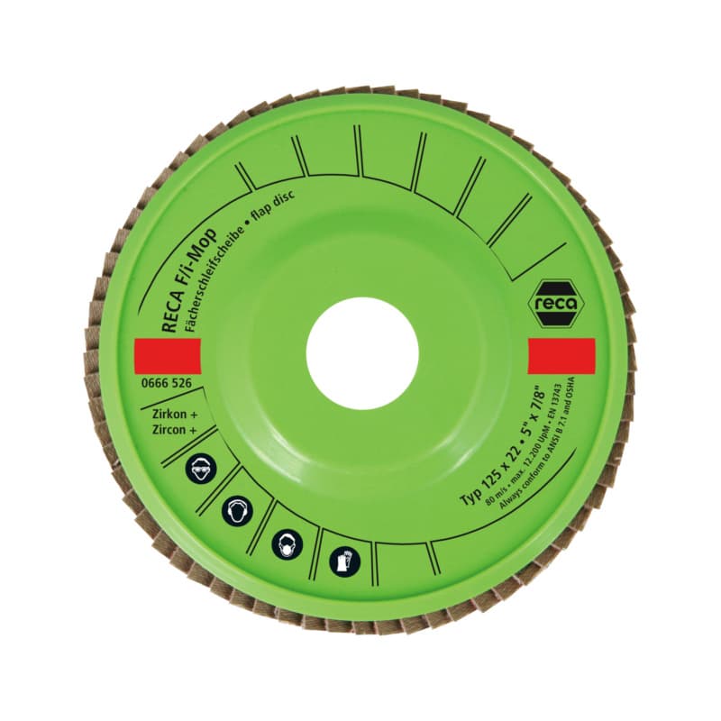 F/i Mop flap wheel discs, grain: 40, zirconia alumina, top size, curved, 125 mm