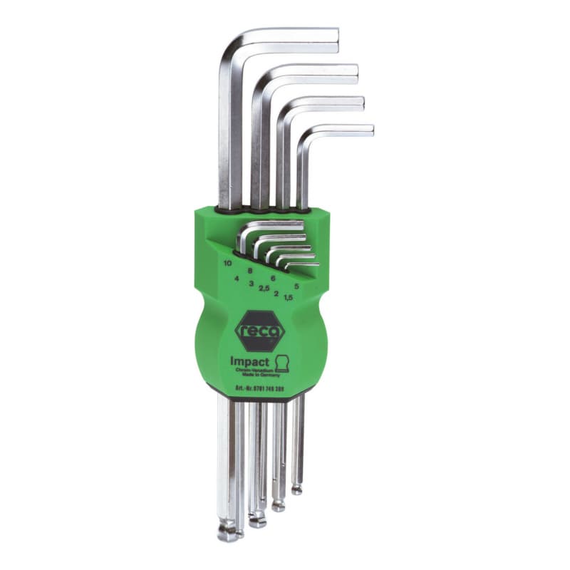 Impact L shaped hex key set, 1.5-10 mm, 9 pieces, with ball head on one side