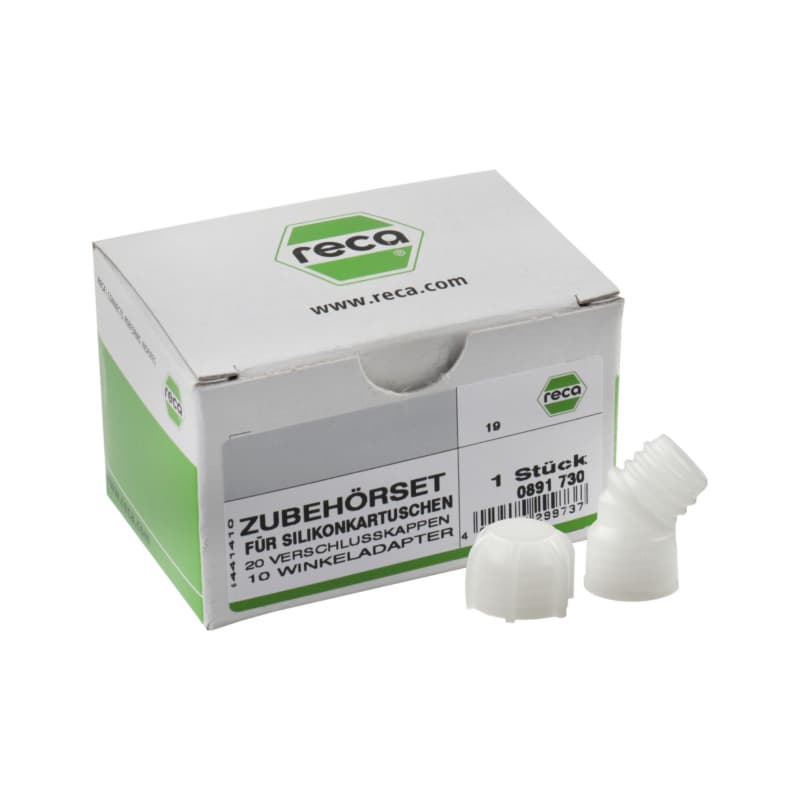 Angled adapter and sealing caps for sealant cartridges, set