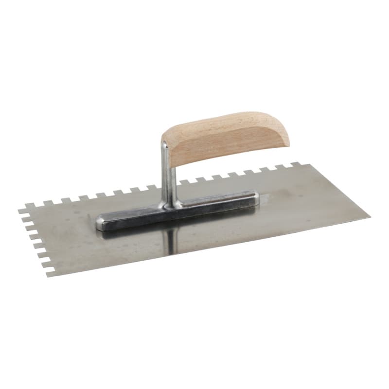 Stainless steel toothed trowel/wooden handle, toothing 6x6 mm, 280x130x0.7 mm