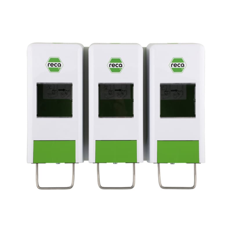 Soft bottle dispenser, triple version, mounted on base plate