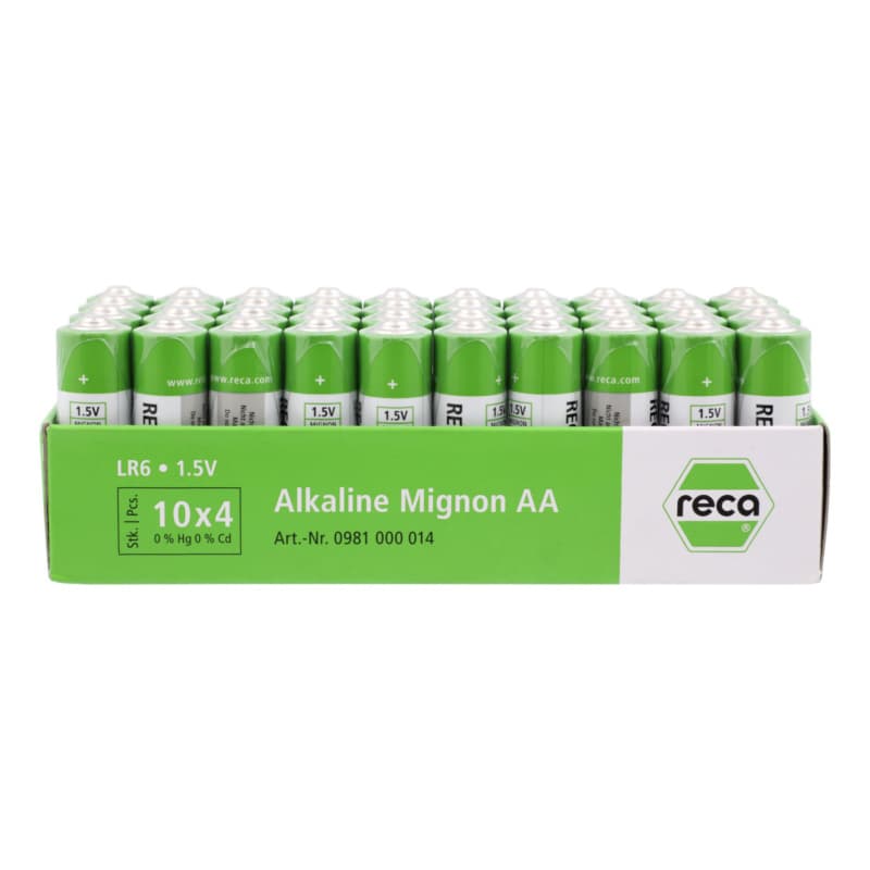RECA alkaline batteries, 40-pack, 1.5 V, LR6 AA