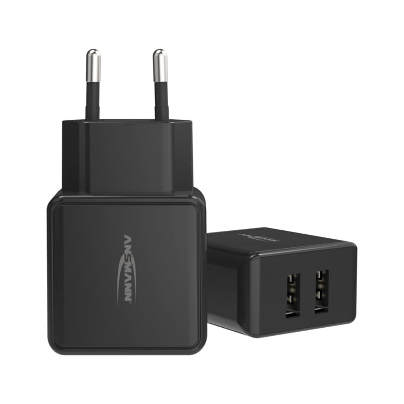 Mains adapter charger 100-240 volt AC, black, 2x USB ports