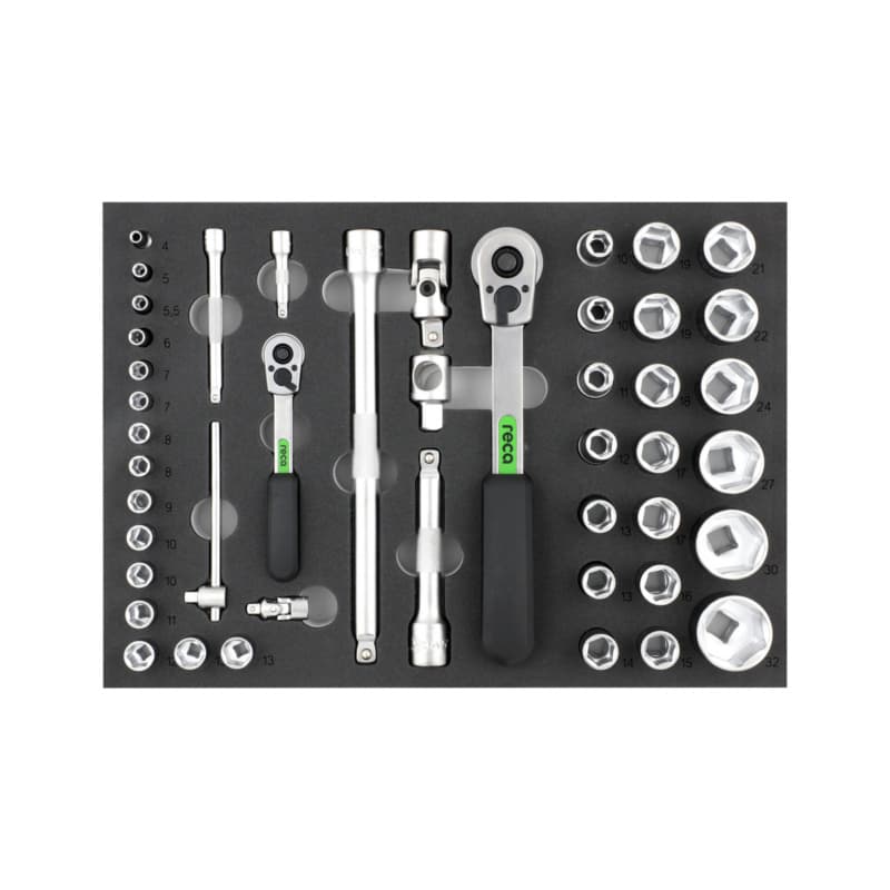 RECA inlay, 1/4-inch and 1/2-inch socket wrench set, 45 pcs, empty, 283x396 mm