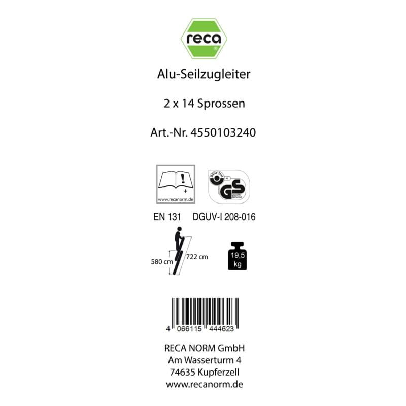 Label, Alu rope operated ladder 2 pieces with traverse 2x14 rungs