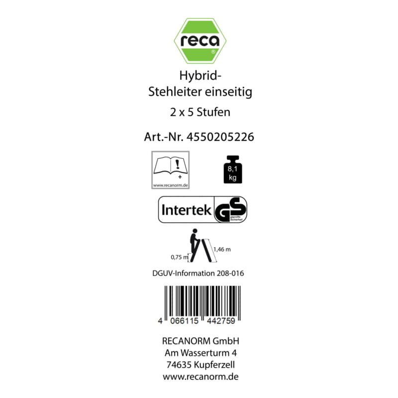 Label, hybrid standing ladder 2 x 5 rungs onesided with 2 Alu steps