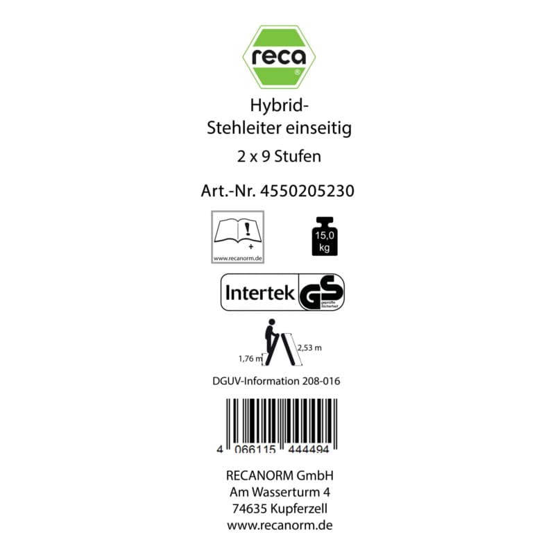 Label, hybrid standing ladder 2 x 9 rungs onesided with 2 Alu steps