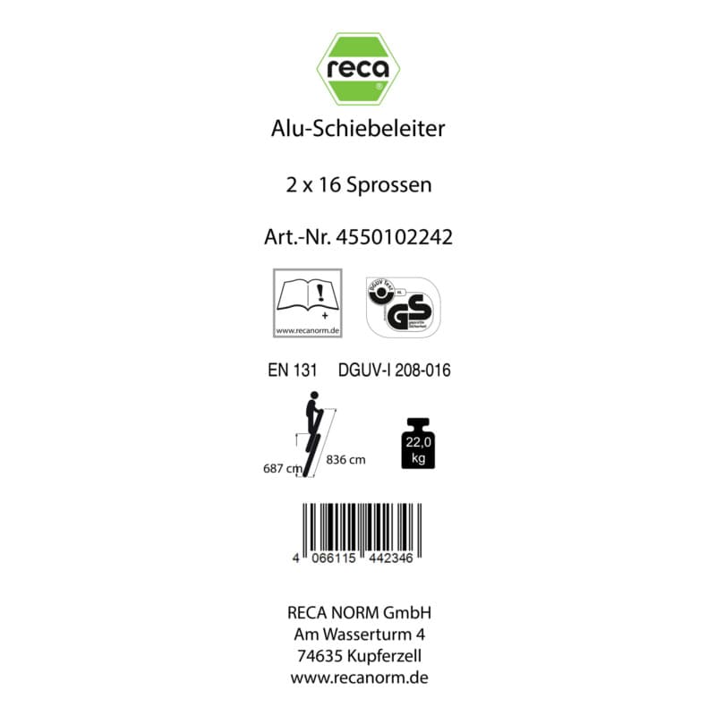 Label, Alu extension ladder 2 pieceswith traverse 2x16 rungs