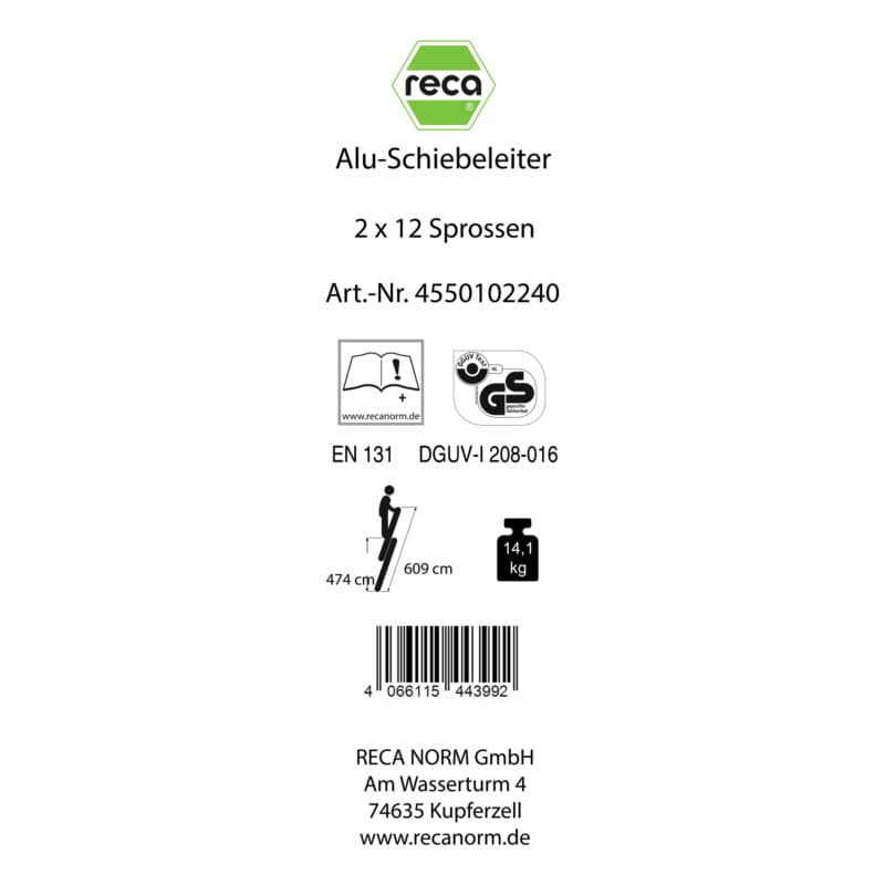 Label, Alu extension ladder 2 pieceswith traverse 2x12 rungs