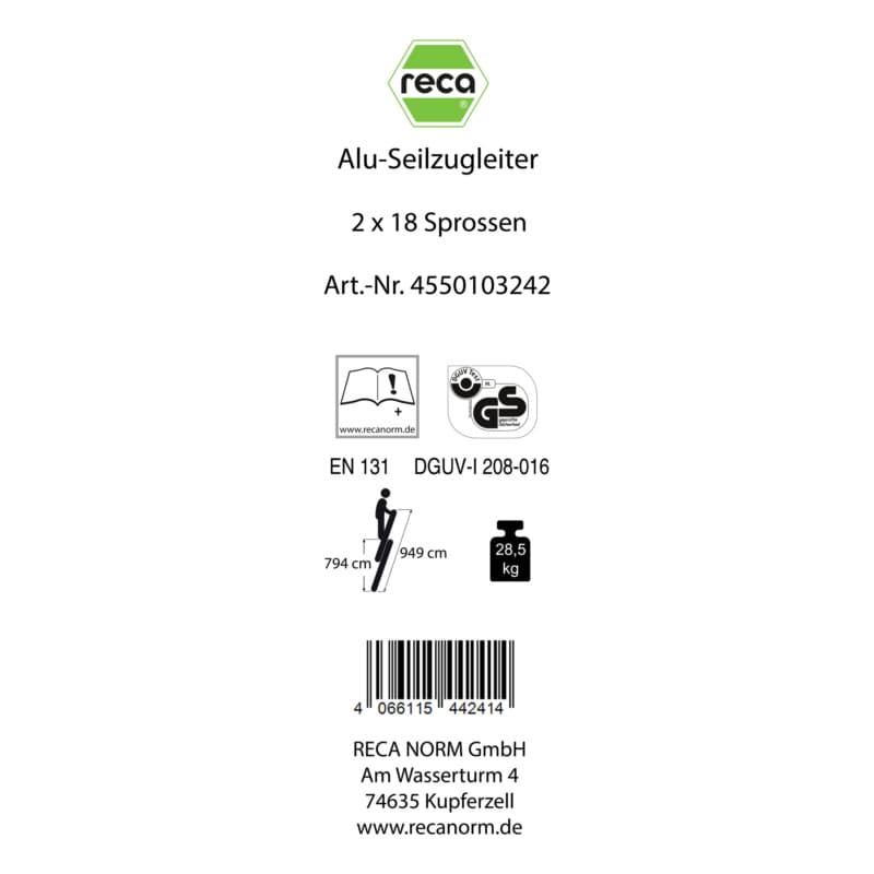 Label, Alu rope operated ladder 2 pieces with traverse 2x18 rungs