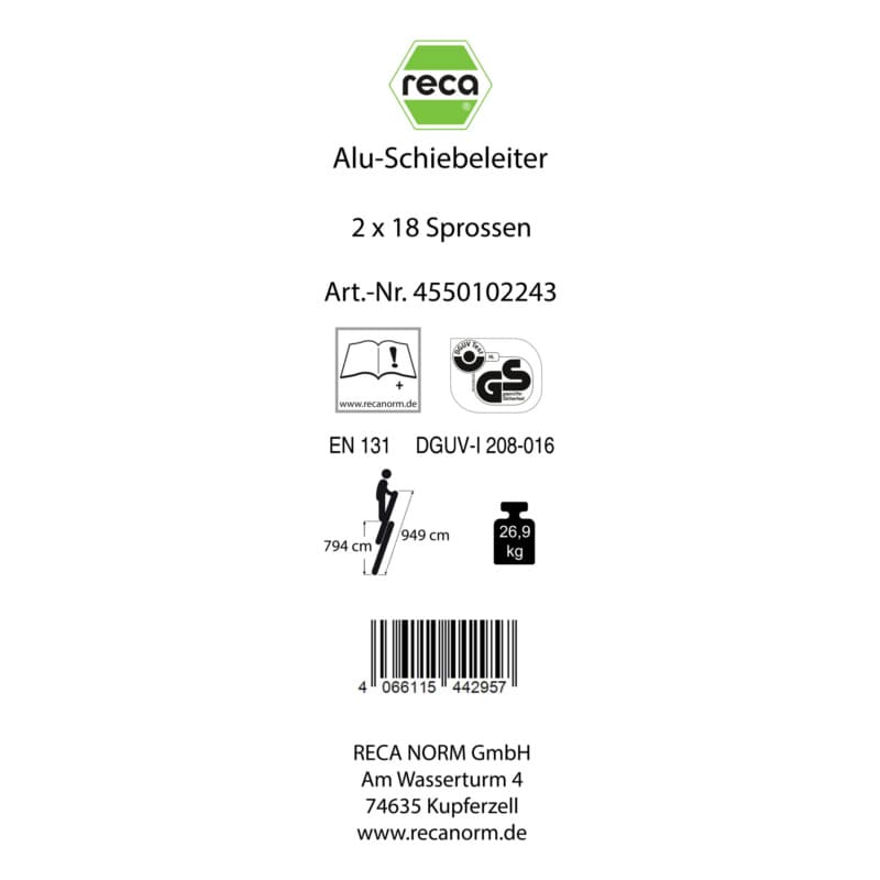 Label, Alu extension ladder 2 pieceswith traverse 2x18 rungs