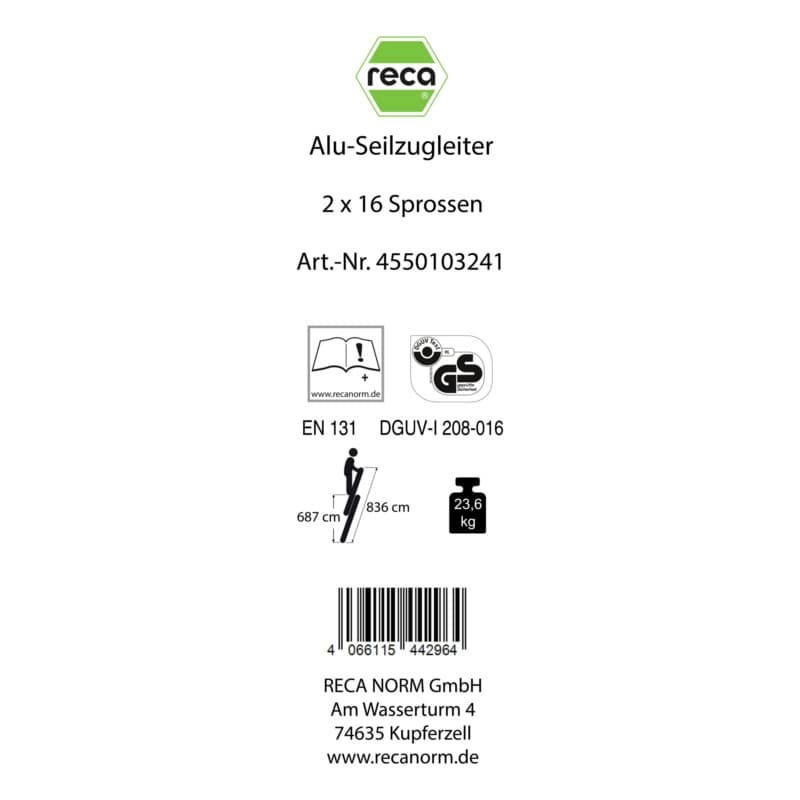 Label, Alu rope operated ladder 2 pieces with traverse 2x16 rungs
