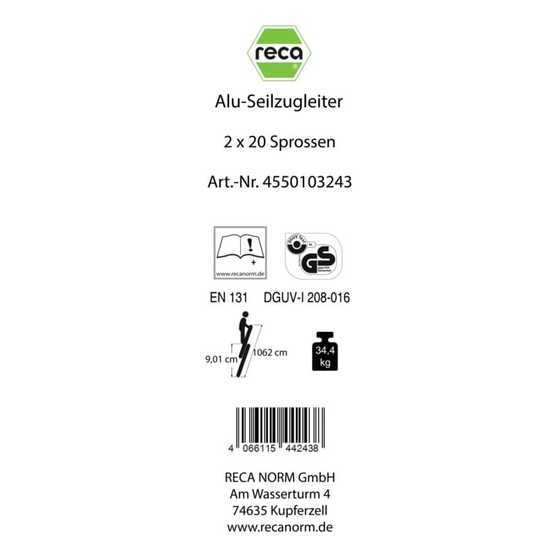 Label, Alu rope operated ladder 2 pieces with traverse 2x20 rungs