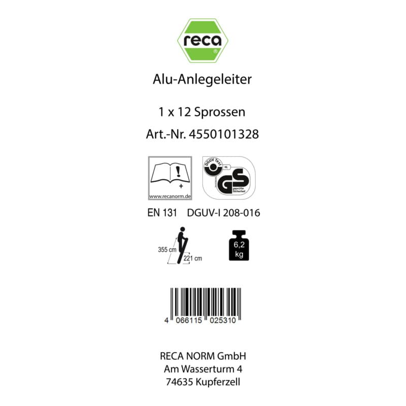 Label, Alu runged leaning ladder 1x12 Rungs