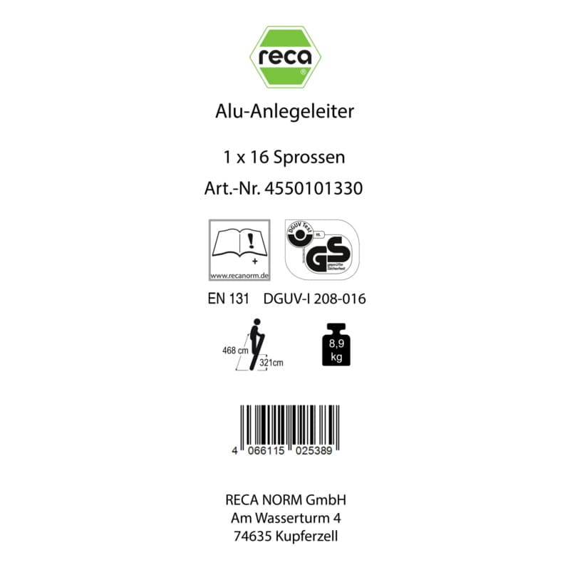 Label, Alu runged leaning ladder 1x16 Rungs