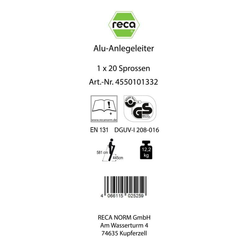 Label, Alu runged leaning ladder 1x20 Rungs