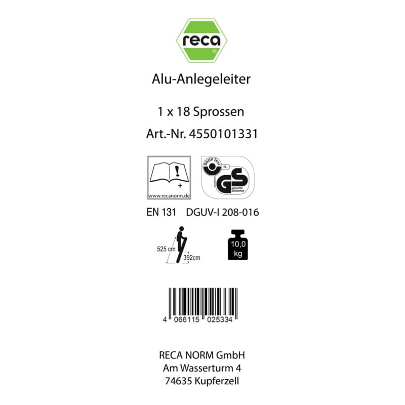 Label, Alu runged leaning ladder 1x18 Rungs