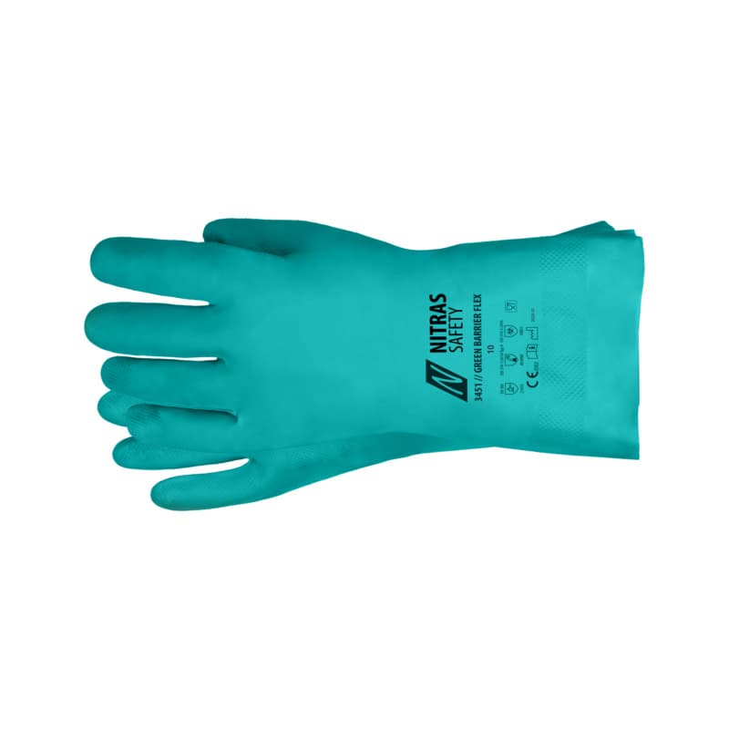 Nitrile chemical protective glove, green, 33 cm, size 7
