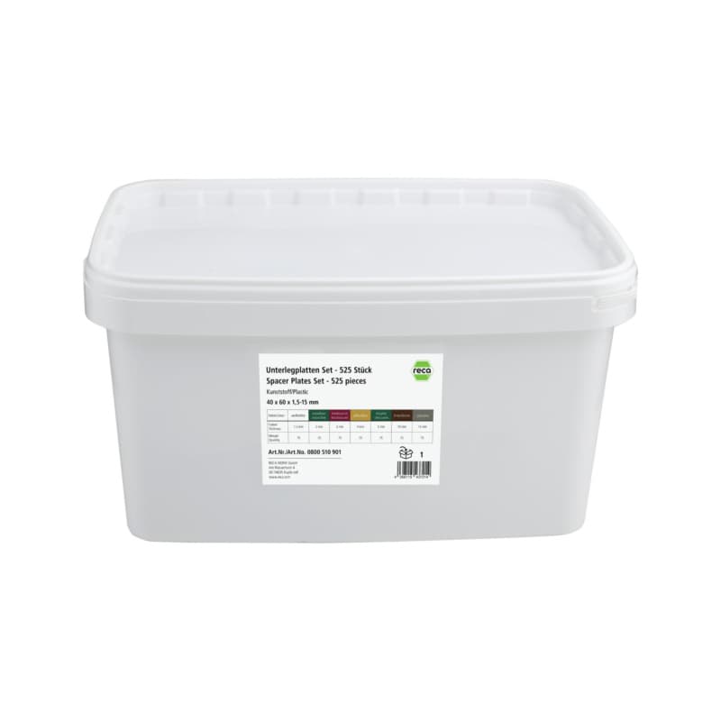 Shim assortment 40x60 mm, 1.5-15 mm, plastic, 525 pcs