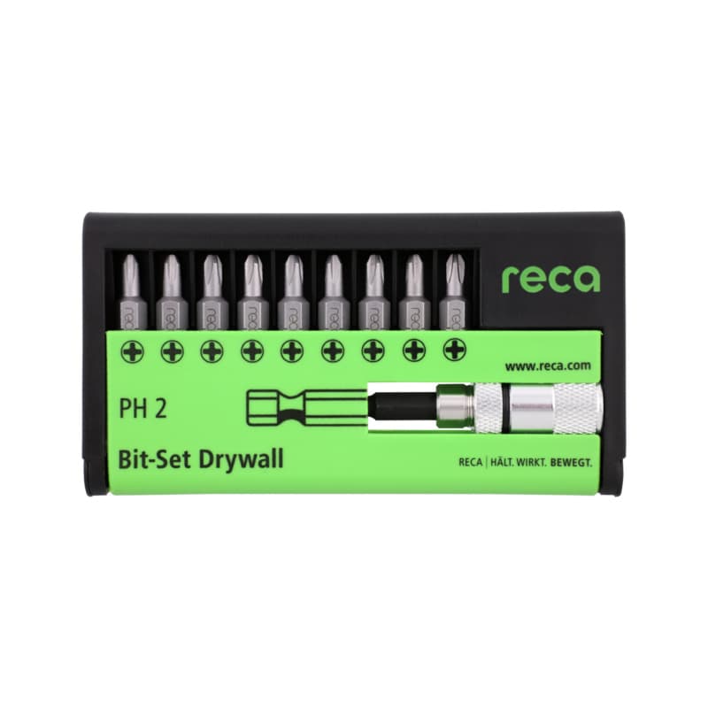 RECA drywall bit set, 10 pcs., with bit holder 1/4 inch, E 6.3 PH 2