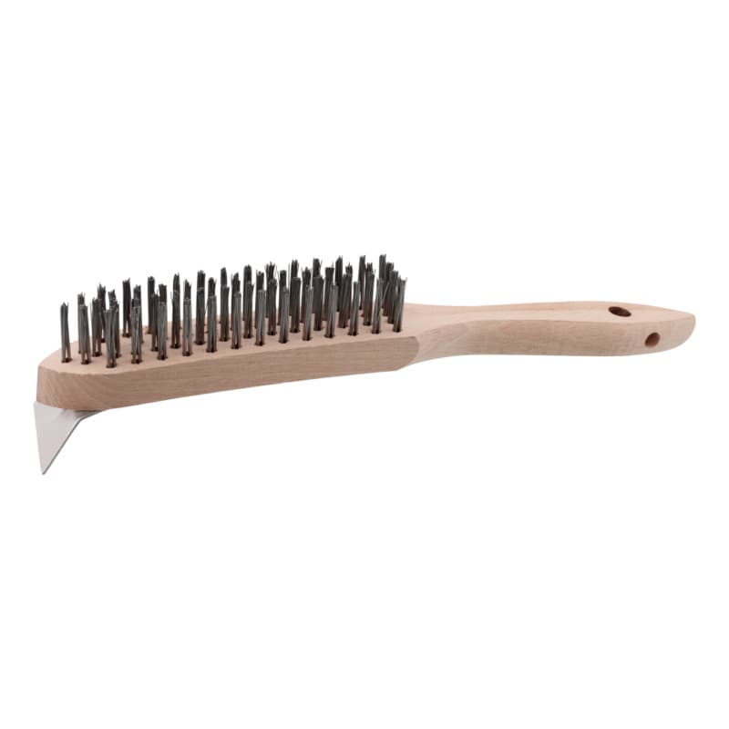 Hand wire brush, steel wire, 4 rows, with scraper