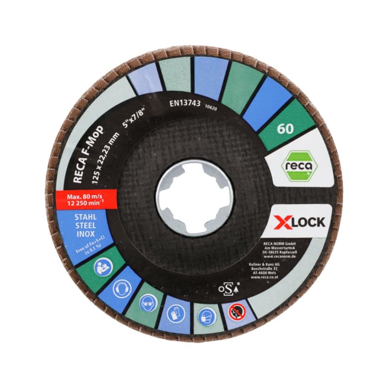 F mop flap wheel discs, X-Lock, grain: 40, zirconia alumina, curved, 125 mm