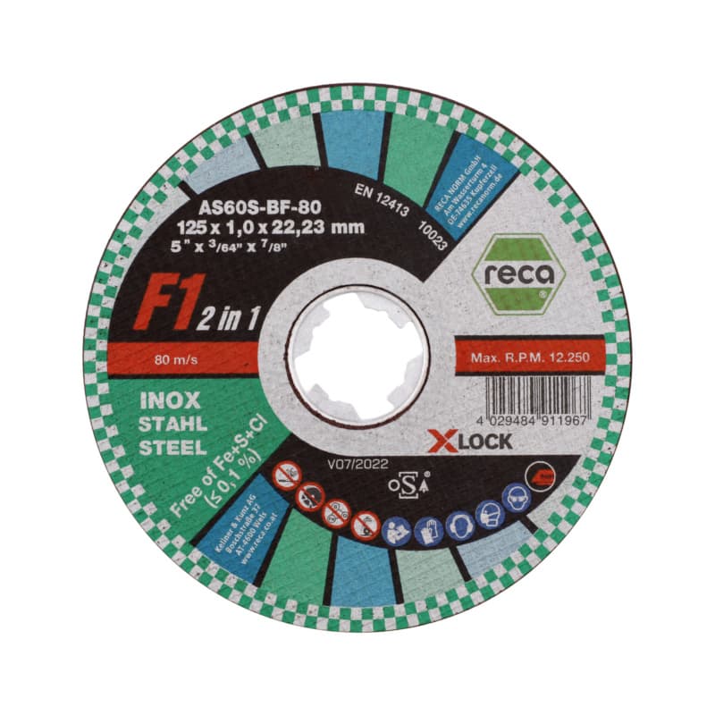 F1 cutting disc X-Lock for steel/stainless steel, straight, 125x1.0x22.23 mm