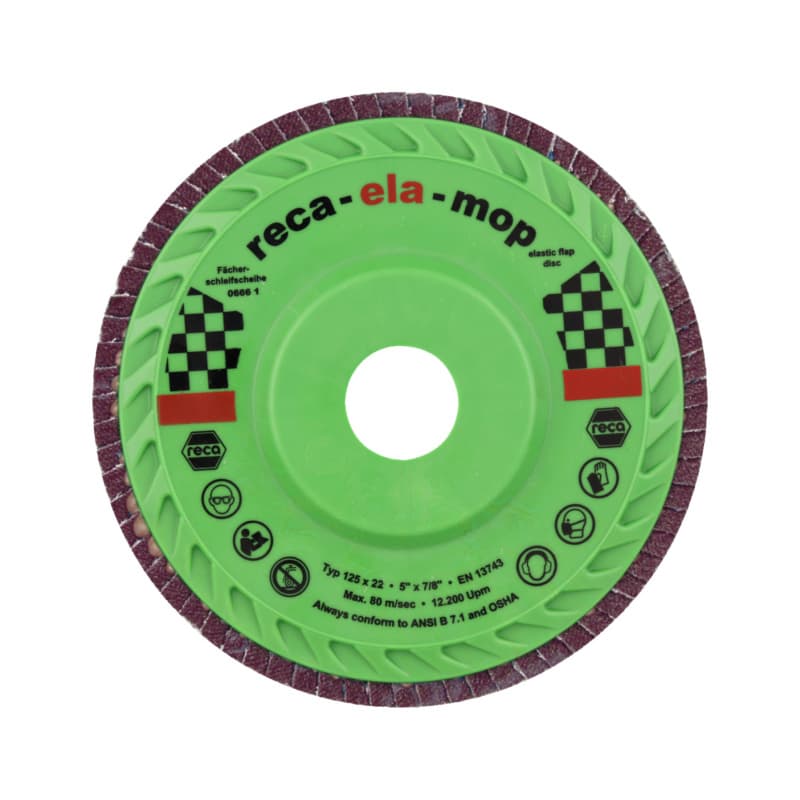 ela-mop flap wheel discs, grain: 120, zirconia alumina, straight, 115 mm